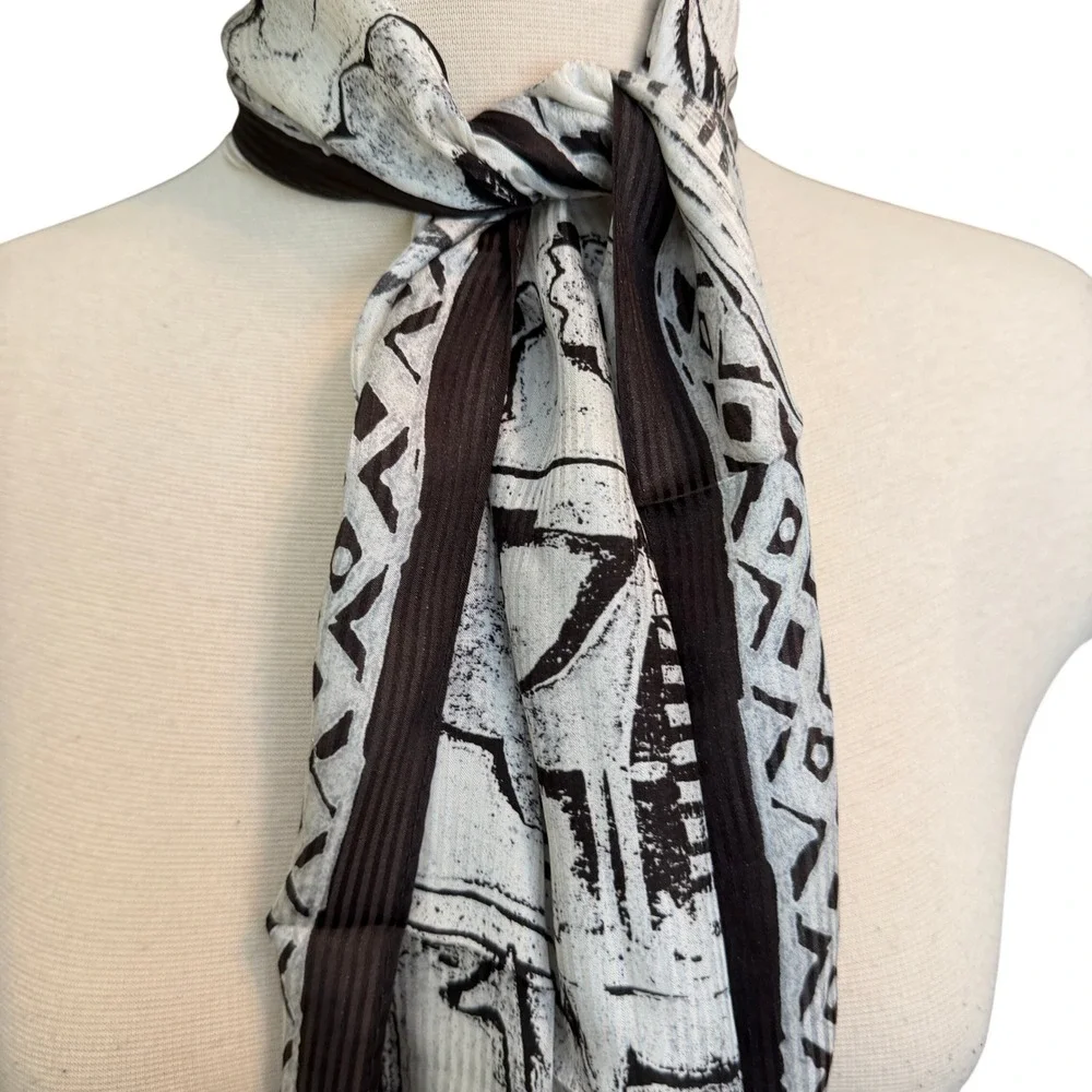 Jones New York Silk Scarf Brown Cream Giraffe Woodblock Print Ribbed 10x52